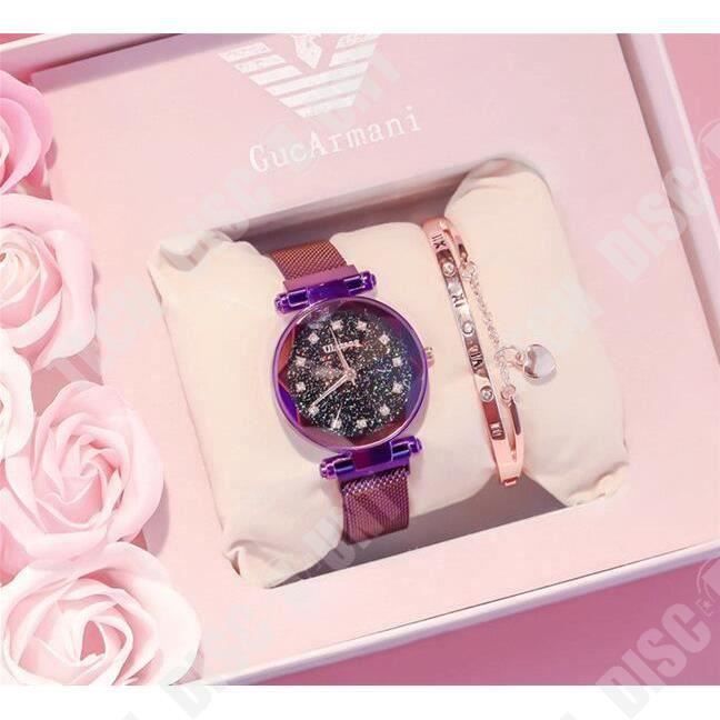 TD® Coffret Cadeau Montre Violet en Quartz Deux Bracelets Dorés pour Femme Fille Enfant Chic-Cadrans Belle Finitions Boîtier Étoiles