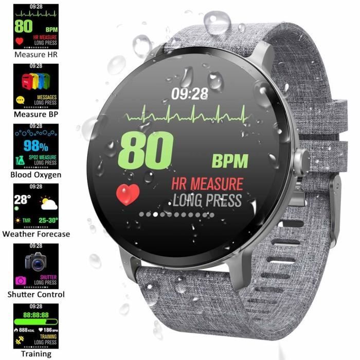Montre Connectée, Homme/Femme 1.3'' Écran Tactile avec Montre Intelligente, Moniteur Cardiaque, Moniteur Veille, Podomètre, Caméra,