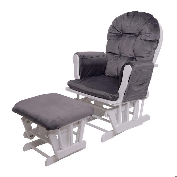 fauteuil chaise a bascule rocking chair avec repose pieds relaxation design rustique en bois de bouleau blanc et tissu velours gri