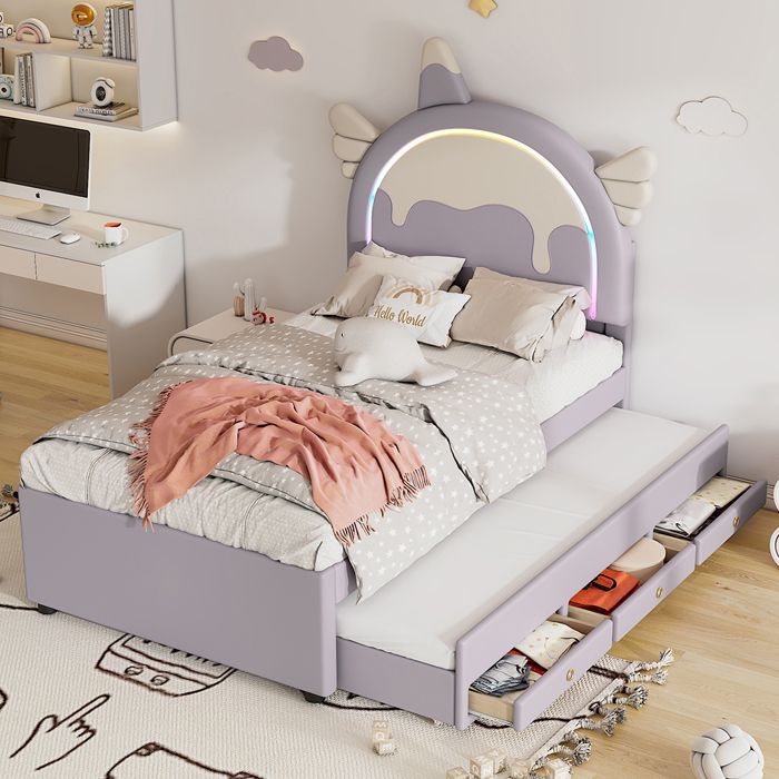 Lit avec tiroirs Lit 90x200 cm lit denfant en forme de licorne équipé dun lit à roulettes extensible PU Violet Lit avec tiroirs Lit 90x200 cm lit denfant en forme de licorne équipé dun lit à roulettes extensible PU Violet