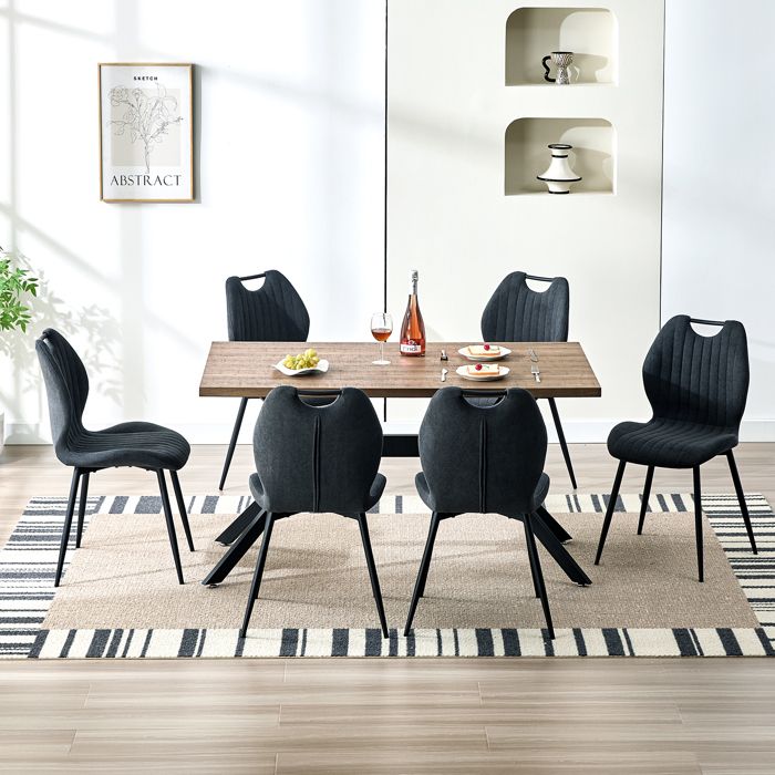 Ensemble table à manger - WAFTING - Ensemble 6 places 140x80x73 cm - 6 chaises tissu - Bois foncé & gris