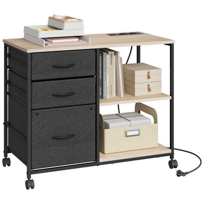 Caisson Bureau WOLTU - Station de Charge - Armoire de Bureau à roulettes - 3 Tiroirs 2 Étagères - Chêne Clair W0ATT0838