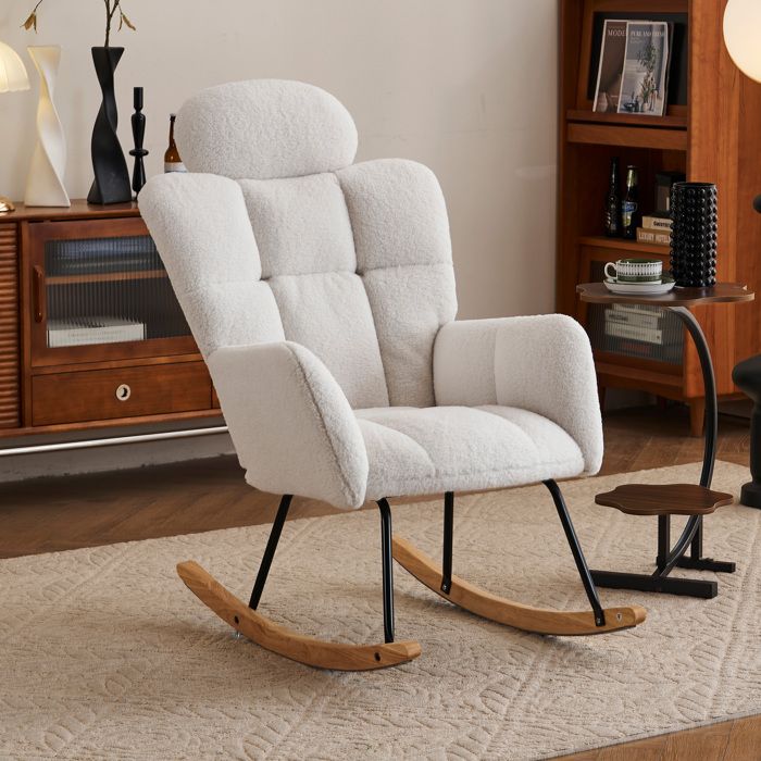 Fauteuil à bascule, fauteuil relaxe à oreille, cadre en bois, vintage