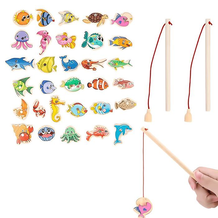 NHPY – Jeu De Pêche Magnétique En Bois – 33 Pièces – 31 Poissons + 2 Cannes – Jouet éducatif Dès 2 Ans – Cadeau Garçon Fille