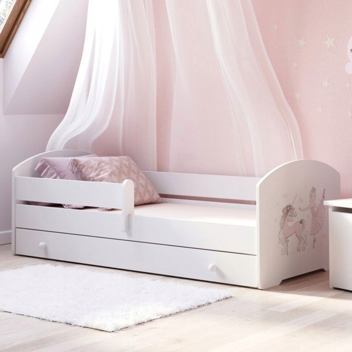 Lit pour enfant LUK – Blanc 140 x 70 cm avec barrière tiroir et matelas – avec graphique de fillette avec une licorne