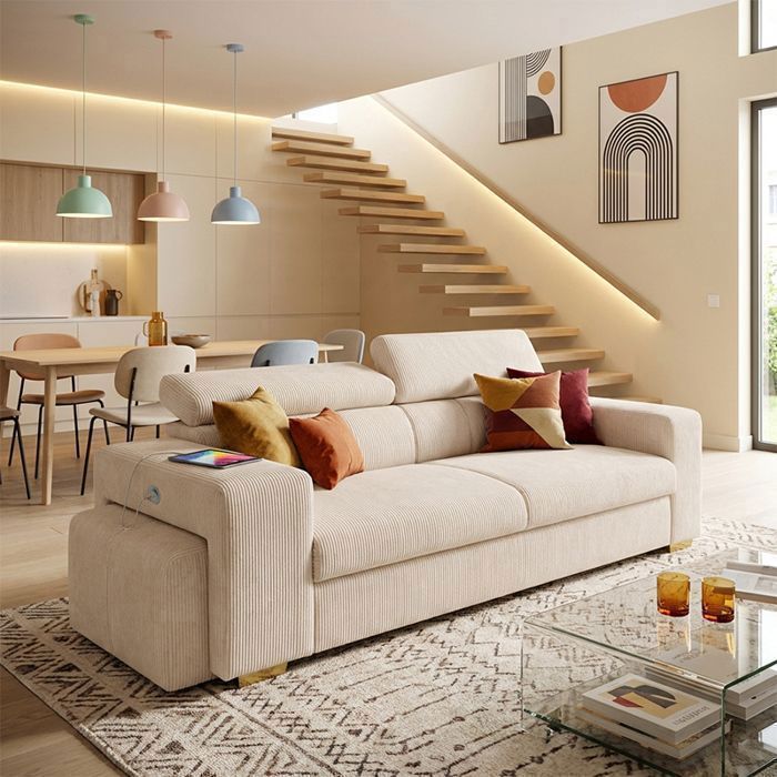 SIRIUS canapé droit reversible convertible Blanc PERLE (velours côtelé ) - Taille S - 3 places - 251 x 100 x 96