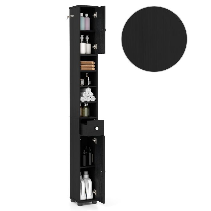 COSTWAY Meuble Colonne de Salle de Bain avec 2 Placards à Porte 1 Tiroir et 4 Étagères Réglables 20 x 20 x 180 cm Noir