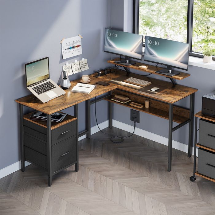 Bureau en L - Multiprise - LED - 2 Tiroirs - Marron