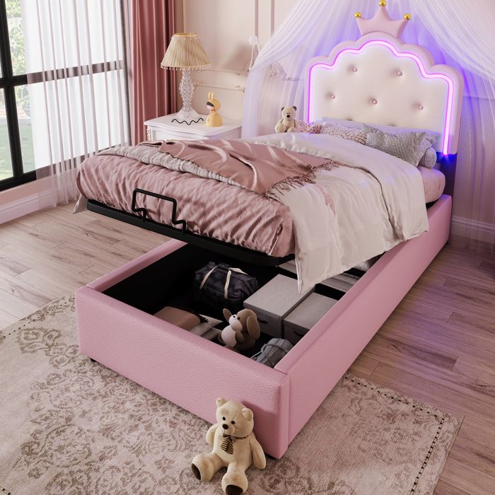 Lit enfant rembourré hydraulique 90x200 cm avec rangement & LED PU rose sommier à lattes sans matelas