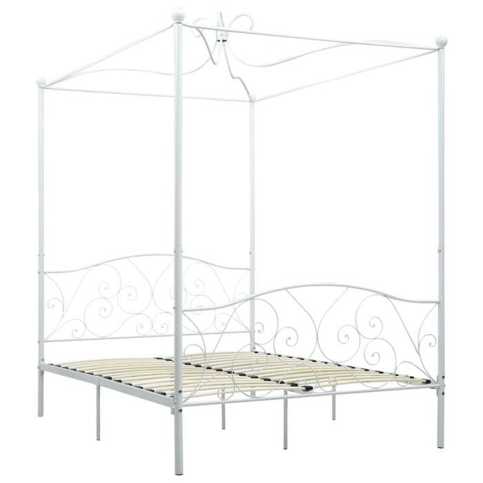 SALE 2026Cadre de lit Adulte et jeunes - Structure pour lit 2 personnes - 211x149x227cm avec baldaquin blanc 140x200cm métal 28.2