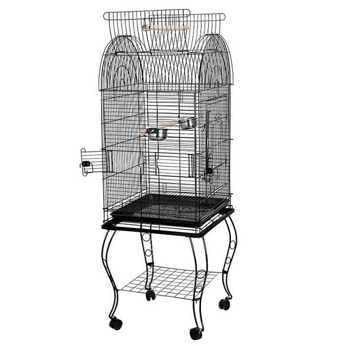 Cage à Oiseaux avec Toit Ouvert - LVHCMFOHM - Volière Interieur avec Support Détachable et roulettes - 59x59x1624 cm - Noir