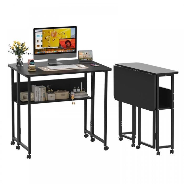 KEDIA Bureau Pliant avec Roulettes Bureau Dordinateur Pliable Noir Bords Lisses Facile à Nettoyer Espace de Rangement