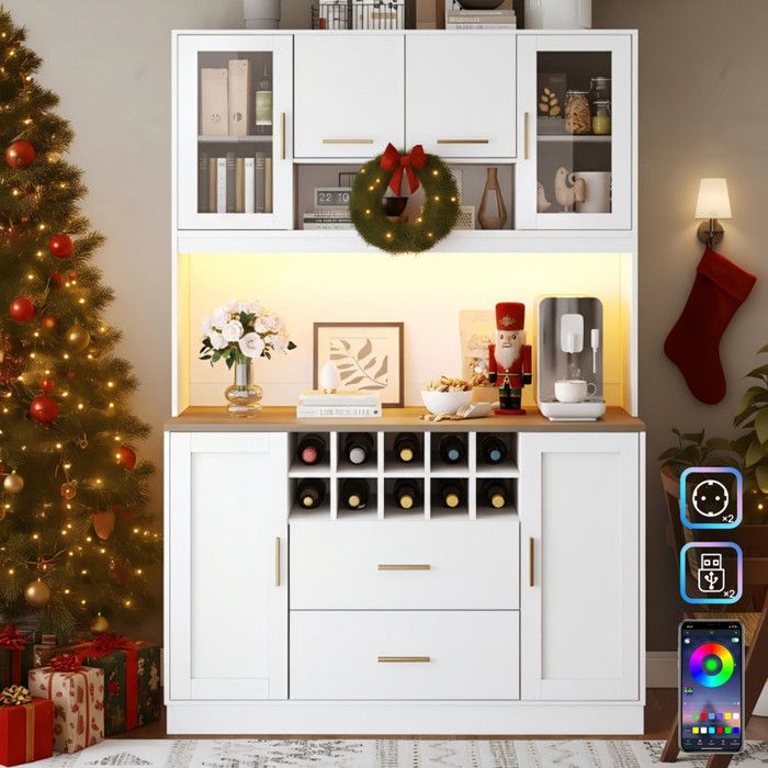 Buffet Cuisine Haut 120 cm avec Éclairage LED Meuble de Rangement Cuisine avec Prise et Ports USB Vaisselier Scandinave Blanc
