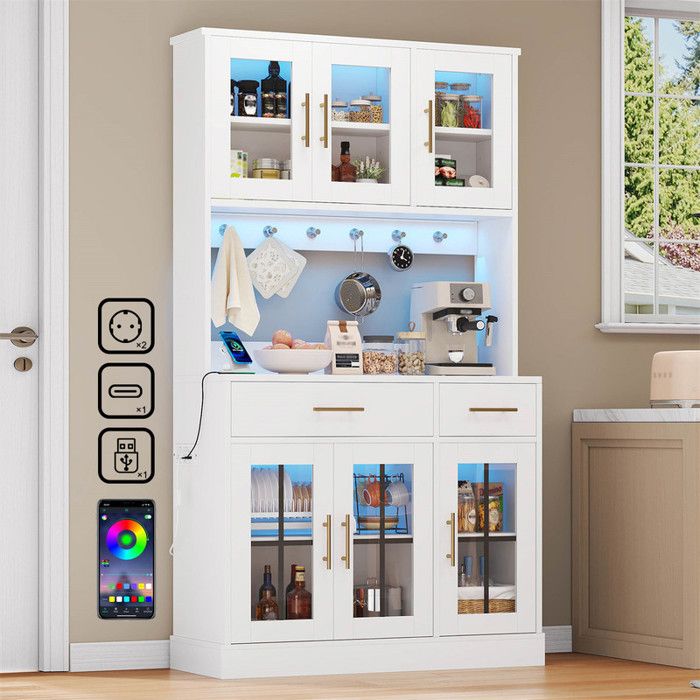 Buffet Salle à Manger Blanche 100 cm avec LED 2 Prises et USB C/A Buffet Cuisine Haut Rangement avec Porte Verre Moderne