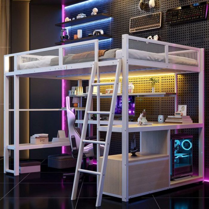 Lit superposé 140 x 200 cm en métal avec éclairage LED grand espace de rangement pour enfants et adolescents(sans LIT MEZZANINE