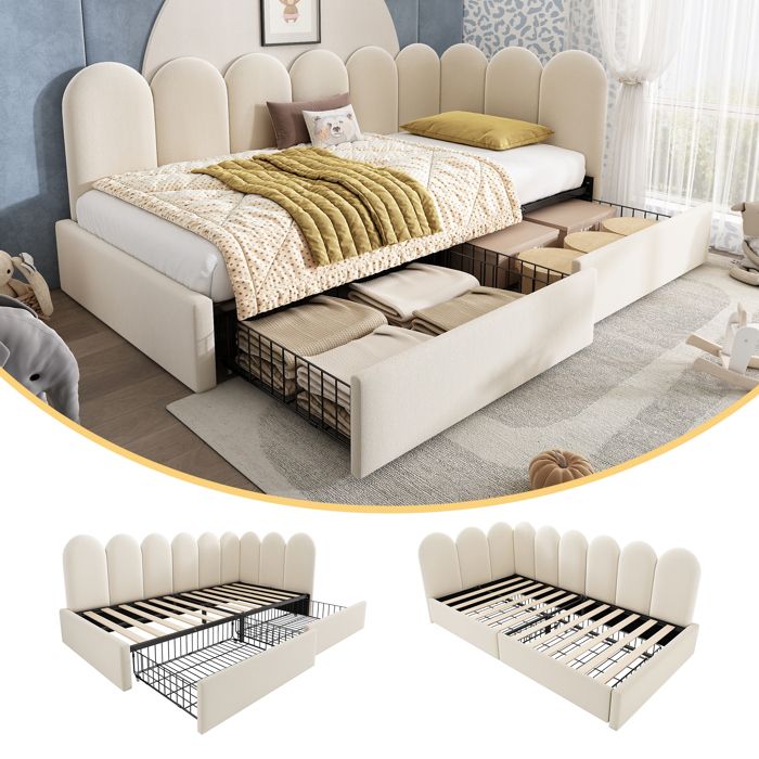 Lit simple - Becag - Lit enfant rembourré 90x190cm avec 2 tiroirs - Lit dadolescent avec sommier à lattes Velours Beige