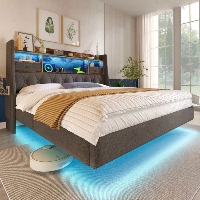Lit rembourré 180x200 cm Lit double - LED USB et Type-C - Tête de lit avec rangement - Style moderne - Lin - Gris