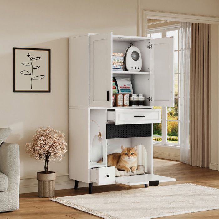 Buffet cuisine de rangement multifonctionnel pour chat étagères mobiles tiroirs et espace pour lit de chat Buffet haut