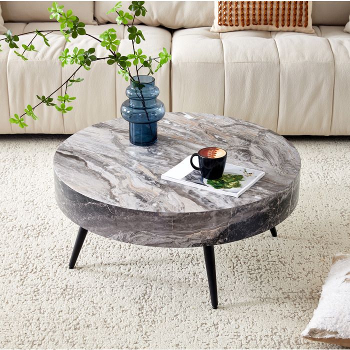 Table basse ronde gris marbre et noir de diamètre 70 x H 355 cm plateau MDF pieds métal réglables