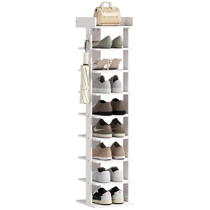 Étagère à chaussures – HOMCOM - 9 niveaux avec plateau - 2 crochets inclus - bois - 30x30x128cm - blanc