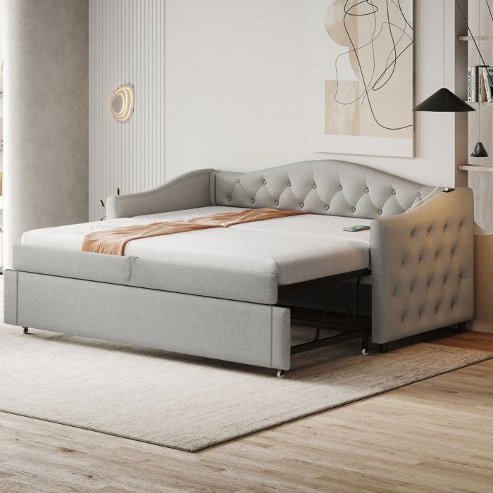 Canapé-lit gigogne extensible 90 x 200 cm avec port USB et sommier à lattes - ELVMI - tissu en lin gris