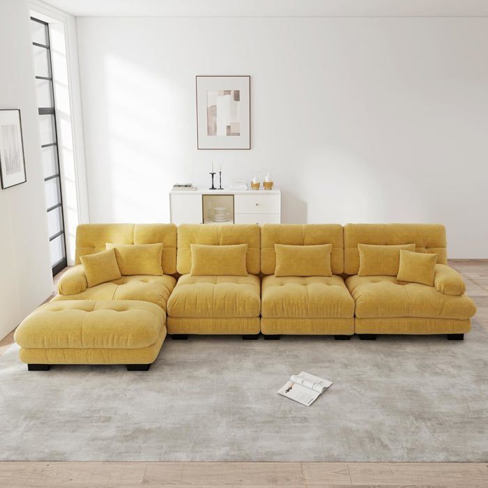 Grand Canapé dangle Convertible Moderne 406cmcanapé 4 Places en Forme L avec Pouf pour Salonavec Structure en Bois MassifJaune