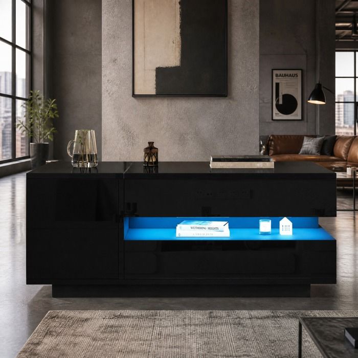 Table Basse Relevable 1 Tiroir 1 Armoire LED et Rangement Caché - BEAUNIV - pour Salon Noir Brillant 95×50×40 cm