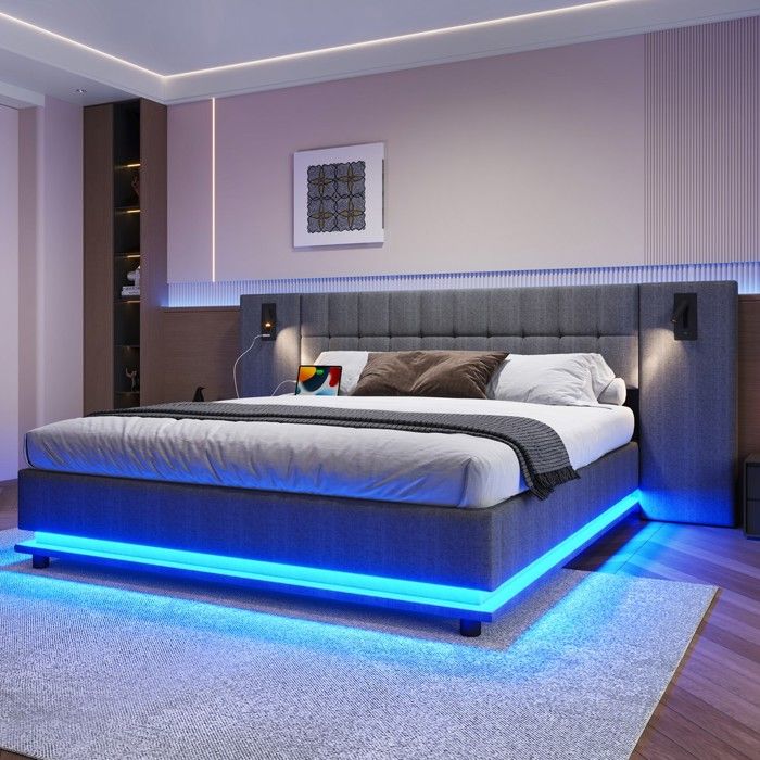 Lit rembourré - 180x200 - Lin gris - LED multicolore - Sommier inclus