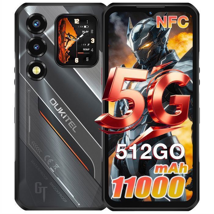 OUKITEL WP66 5G Smartphone Robuste 512Go 11000mAh/33W 108MP Caméra 66 Écran IP68 Téléphone Incassable Double SIM NFC GPS - Noir