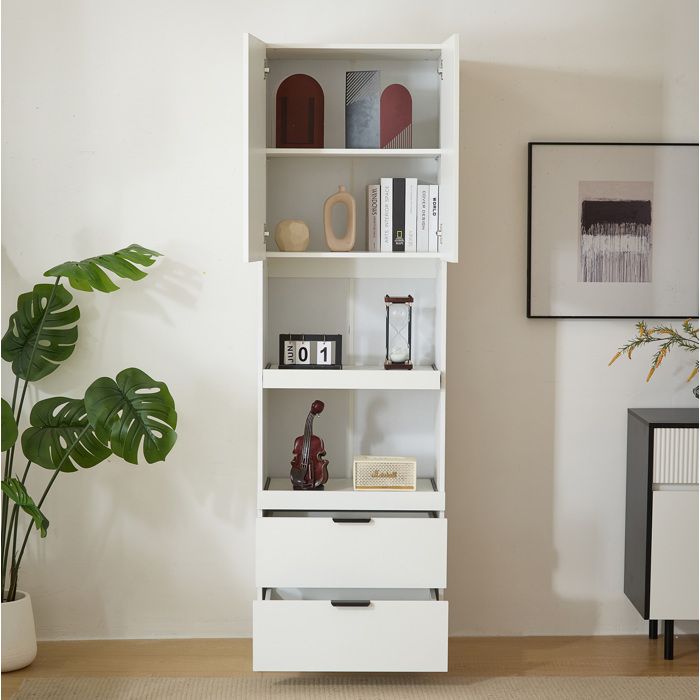 Buffet colonne avec 1 porte 2 étagères ouvertes et 2 tiroirs anti-basculement blanc mat 595 × 45 × 200 cm - UVRION