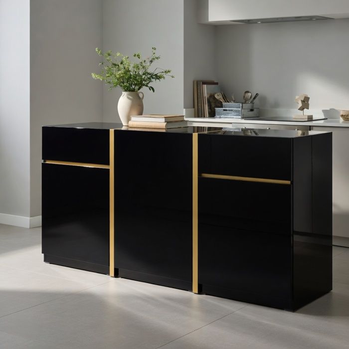 Armoire buffet laqué brillant 3 portes 2 tiroirs rangement salon salle à manger entrée minimaliste -Pugsdrly