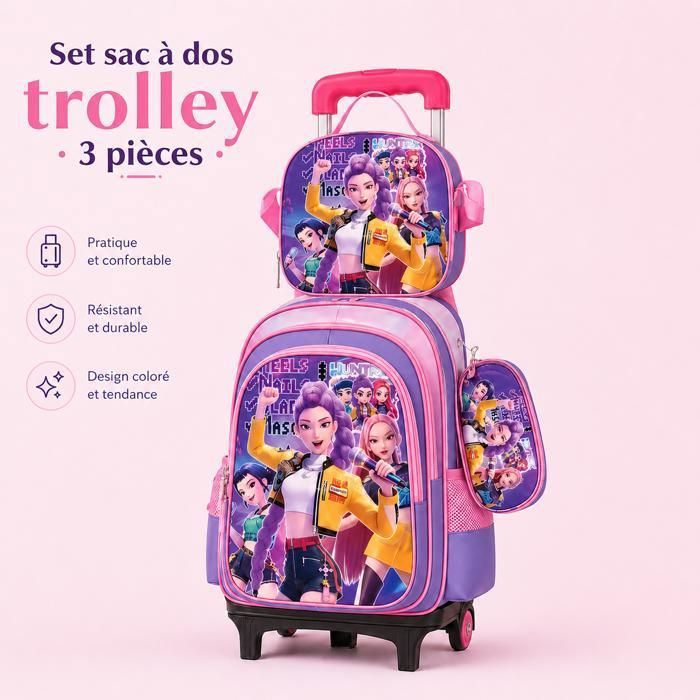 Sac à dos Trousse scolaire à roulettes AProsp KpopSet R8 ensemble 3 pièces rose violet enfant fille école