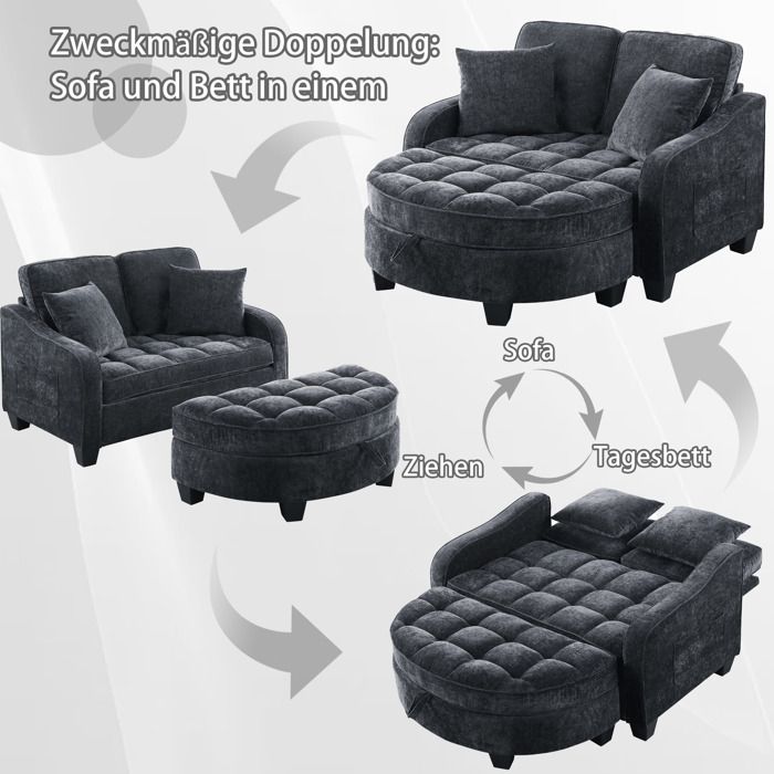 Canapé Lit Convertible 2 Places - Fauteuil Lounge - Chenille - Coffre de Rangement - Noir