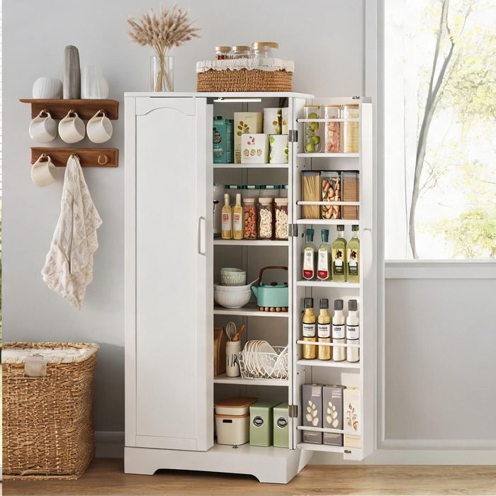 Buffet haut scandinave blanc 60×35×128 cm MDF mat LED sensorielle 5 étagères ajustables
