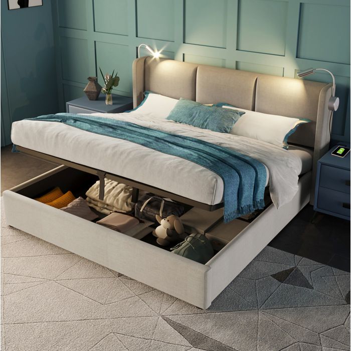 Lit coffre 160 x 200 cm en lin beige - avec tete de lit lampes de lecture et charge USB