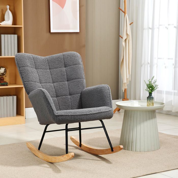Fauteuil à bascule - rétro - gris foncé - revêtement imitation peau de mouton - dossier 66 cm mousse haute densité