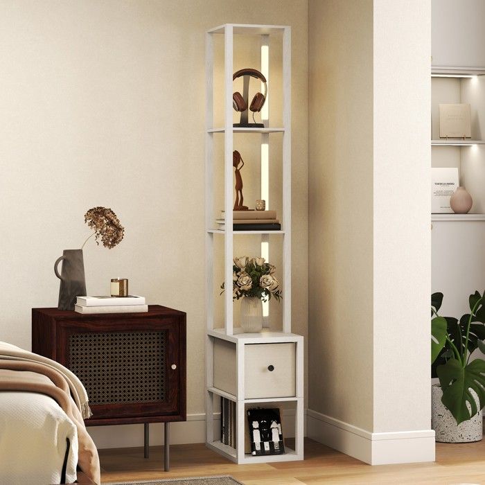 Lampadaire moderne blanc avec étagères ouvertes tiroir en tissu et interrupteur au pied pour chambre et salon