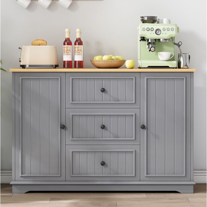 Buffet bas gris en MDF avec 3 tiroirs et 2 portes 126 x 40 x 86 cm à monter soi-même
