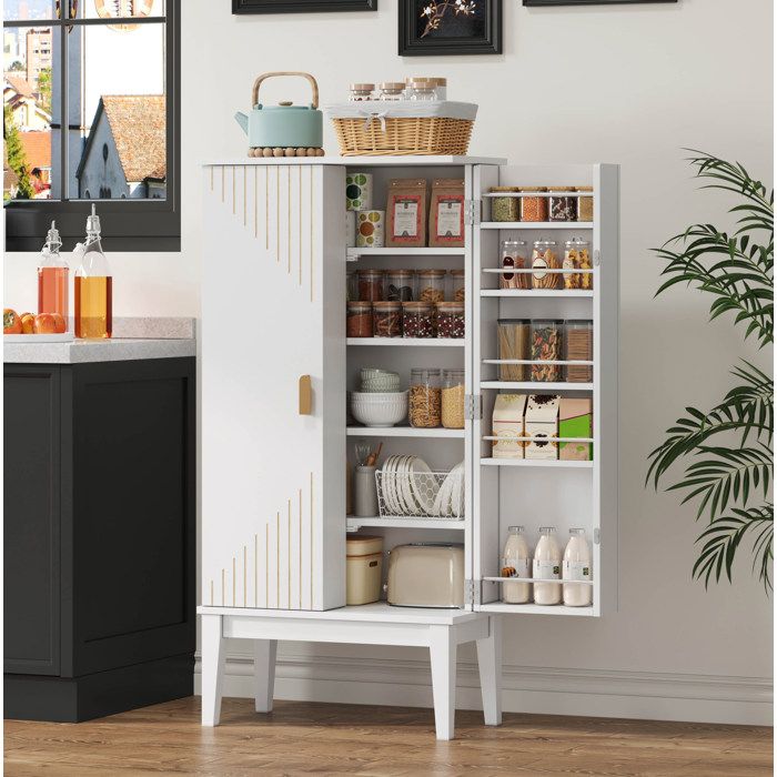 Buffet de cuisine blanc 59 x 30 x 120 7 cm en MDF armoire de rangement 2 portes style vintage avec 5 étagères