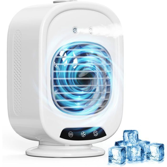 Climatiseur Mobile Portable Mini Refroidisseur dAir 4 en 1 Silencieux 3 Vitesses 300ML USB Ventilateur Brumisateur (Blanc)