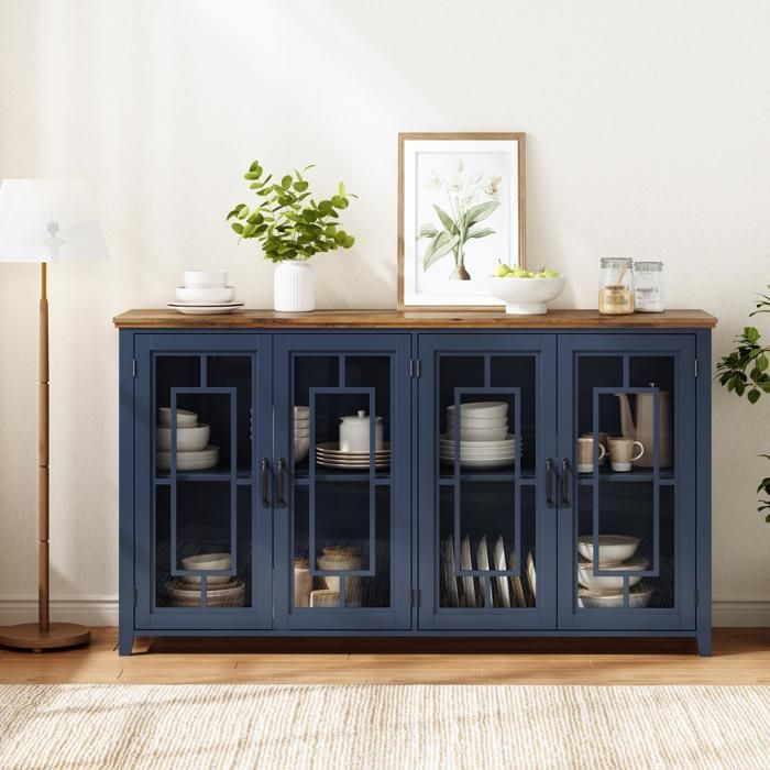 Buffet de cuisine 160 x 40 x 86 cm - 4 portes vitrées - étagères fixes - plateau effet bois - anti-basculement - bleu foncé