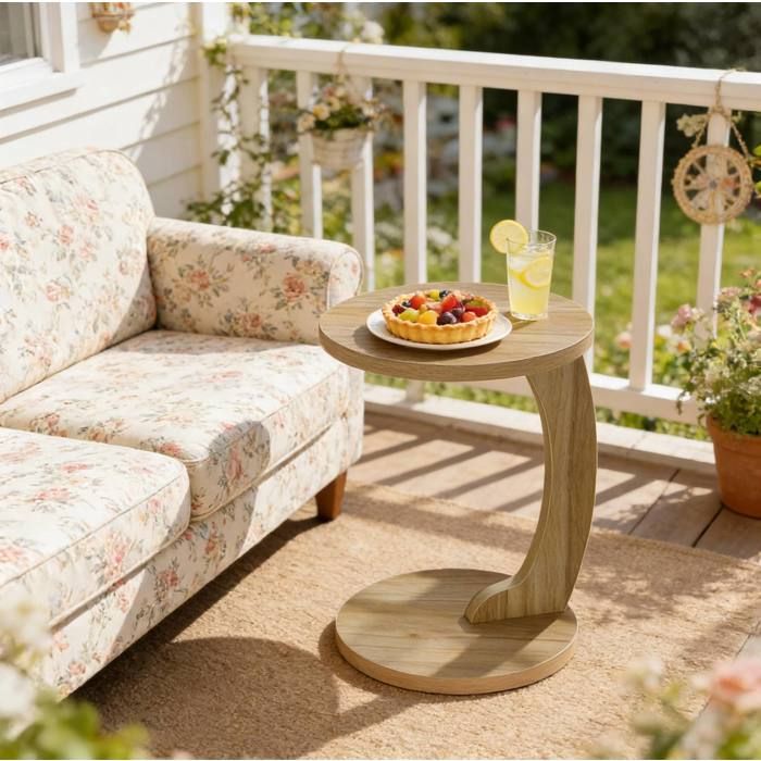 WOVREO Table dappoint ronde en forme de C 38 x 55 cm MDF chene clair
