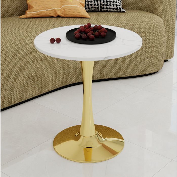 Table basse ronde 70 cm aspect marbre blanc veiné avec pied central doré table dappoint salon 2 à 4 personnes