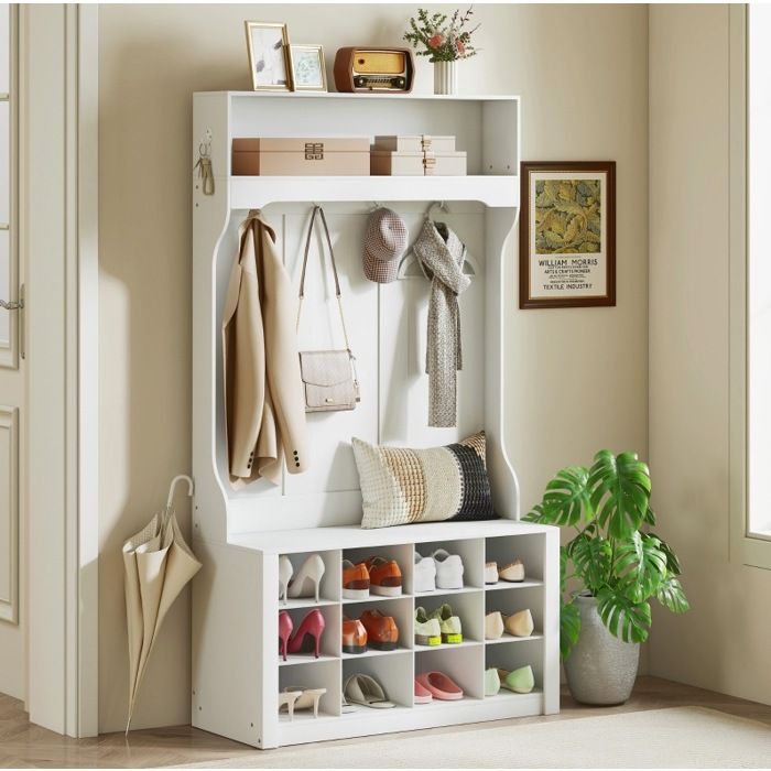Vestiaire dentree blanc 100 x 35 x 172 2 cm avec banc 6 crochets etagere ouverte et 12 compartiments a chaussures