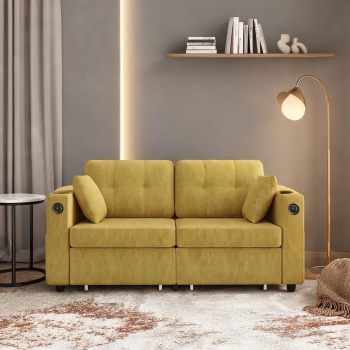 Canapé 2 places contemporain avec tiroirs de rangement et ports USB revêtement chenille soft yellow