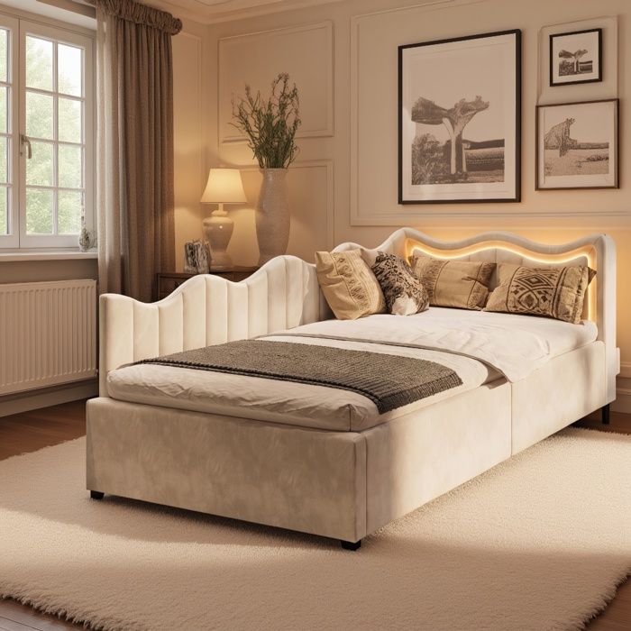 Canapé-Lit Simple 90x200 cm avec Rangement Hydraulique Éclairage LED Sommier à Lattes Lit Rembourré Velours Blanc sans Matelas