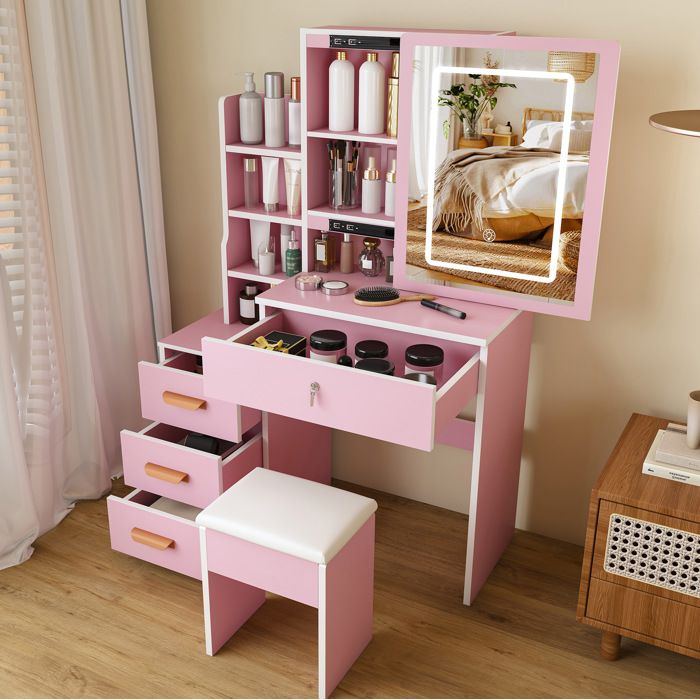 Coiffeuse avec 1 Miroir LED 1 Tabouret 4 Tiroirs et Rangements Latéraux - TCQPZ - 3 Modes dÉclairage - MDF - Rose