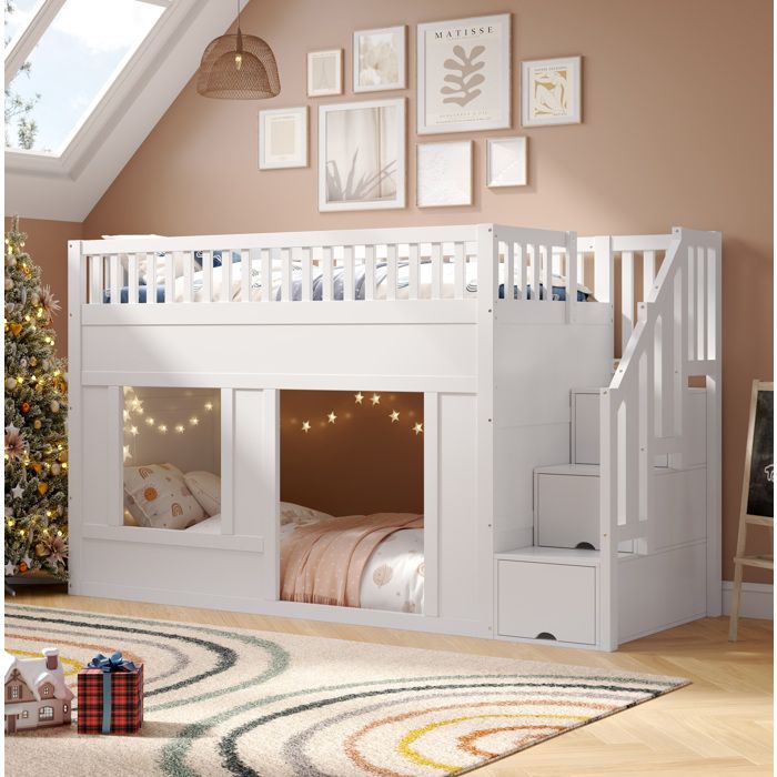 Lit mezzanine enfant Simple 90×200 cm escalier avec rangement - YEAVIO - sans matelas bois massif et MDF - blanc
