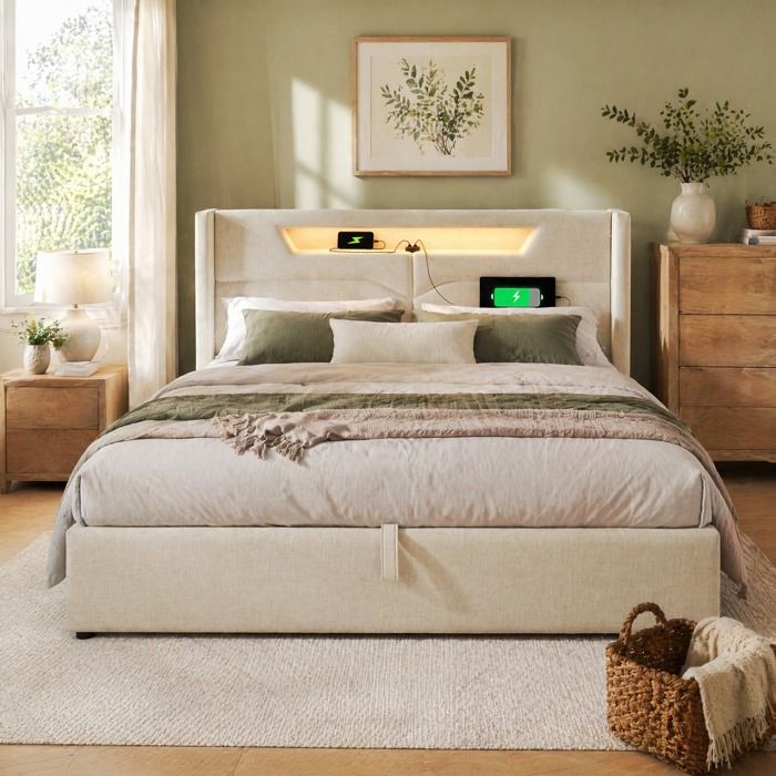 MEUBLIV Lit coffre double 160x200 cm LED USB Type-C tissu lin beige sommier à lattes