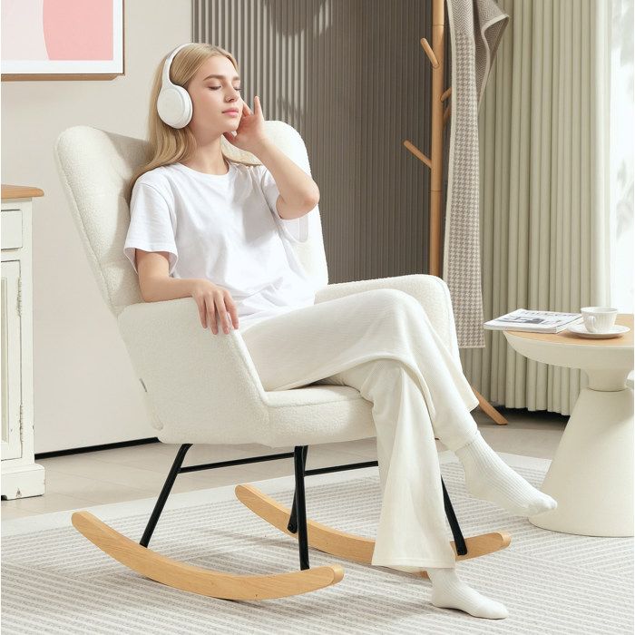 Rocking-chair avec accoudoirs et dossier haut - BEAUNIV - tissu bouclette bois blanc 71 × 98 × 101 cm